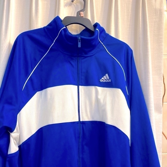 Men’s Adidas Blue & White Three Stripe Polyester Zip Up Athletic Track Jacket - Picture 2 of 11